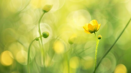 Buttercup flower, macro view, bright yellow, soft natural light, intricate details, green bokeh. 
