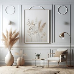 A Reception living room style interior set design with A chair and poster mockup and a painting on the wall informative informative optimized Vibrant.