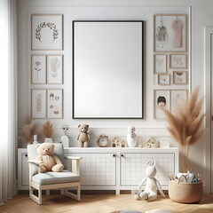 A Reception living room style interior set design with A chair and poster mockup and teddy bear informative Vibrant unique engaging.