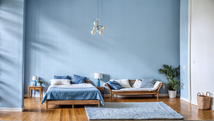Apartment blue wall with blue sofa mock up
