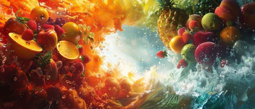 Assorted fruit falling Into water wave. Abstract art of fruits and vegetables morphing into dazzling figures symbolizing vitality and health - Ideal for posters and health campaigns