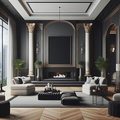 A room style interior set design with a fireplace and a large black and white couch informative Vibrant informative creative engaging.