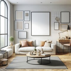 A living room style interior set design with a mockup poster empty white and with a couch and a table creative engaging.
