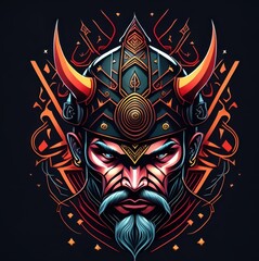 viking angry face with helmet  on his head, face view, symmetrical view, tshirt design, black background