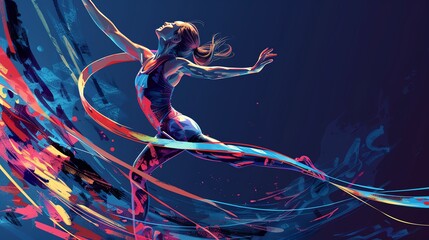 European woman gymnast in mid-performance with a ribbon, realistic depiction, fluid motion, intricate details on ribbon and attire, vivid colors, dynamic scene