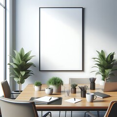 A table with a laptop and a picture frame decoration on the wall creative unique informative creative.