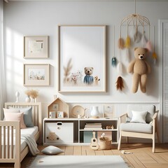 A room style interior set design with A bed in bedroom style interior set design and a teddy bear on the wall informative creative.