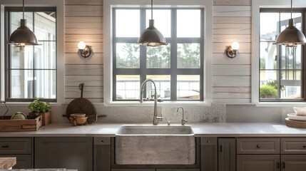 Fototapeta premium modern farmhouse kitchen with shiplap walls, a large apron sink, and vintage-style pendant lights