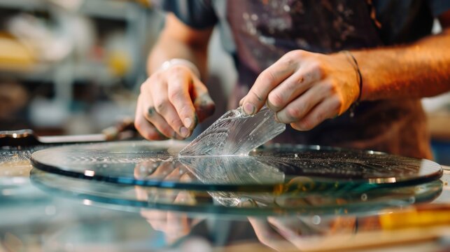 Close-up of artisan hands working with glass, demonstrating skilled craftsmanship and precision in glass artistry in a workshop.