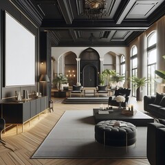 A room style interior set design with a large black and white wall informative optimized creative.