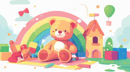 stay childish slogan with colorful bear toy in square