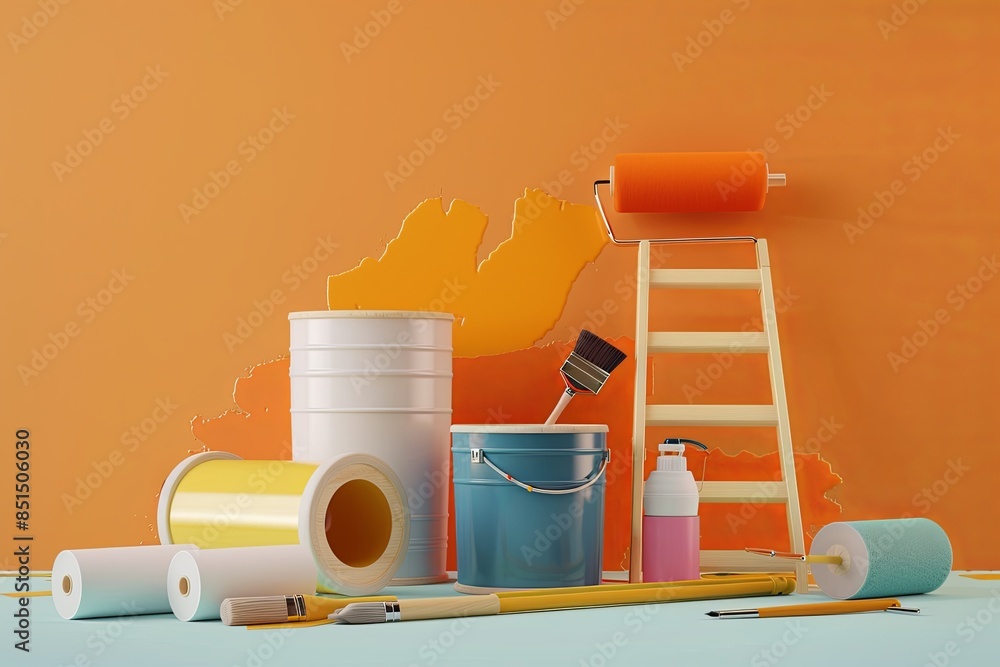 Poster 3d rendering of painting supplies including rollers, brushes, paint buckets, and a ladder. items are