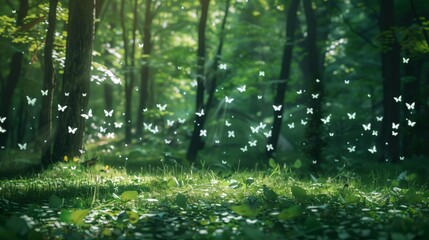 A serene forest clearing filled with vibrant, digital butterflies symbolizes generating passive income from tech.