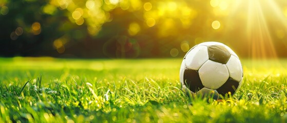 soccer ball on grass with morning sunrise. Free space for edit