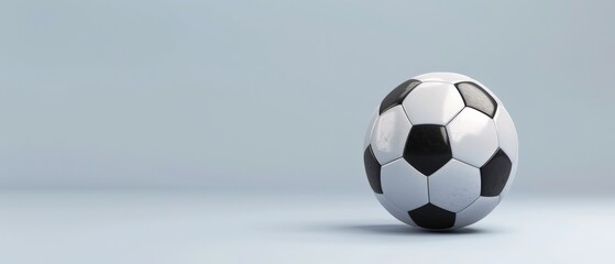 A classic black and white soccer ball rests on a gray background, ready for action.