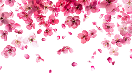 Petal flowers flying in the air in spring season isolated on white background PNG
