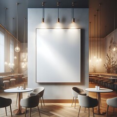 A space for restaurants cafe drinks and fast food room with poster mockup white combined with tables and chairs and a large white poster on the wall creative.