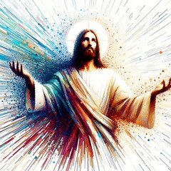 A painting of a Jesus christ design drawing graphic with his arms out engaging vector optimized realistic.