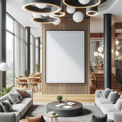A room style interior set design with Modern commercial building interior with A large blank white screen poster creative optimized Vibrant professional.