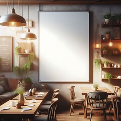 A space for restaurants cafe drinks and fast food room with poster mockup white combined with tables and chairs and Modern commercial building interior with A large white board professional.