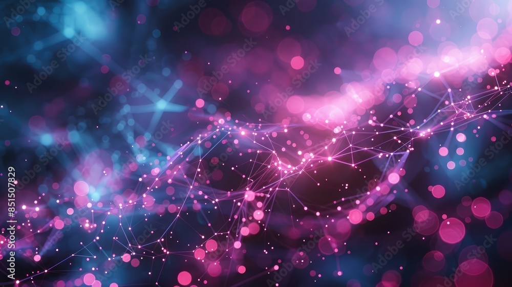 Poster abstract digital waves with glowing pink and blue dots on a dark background. digital art of wave mad