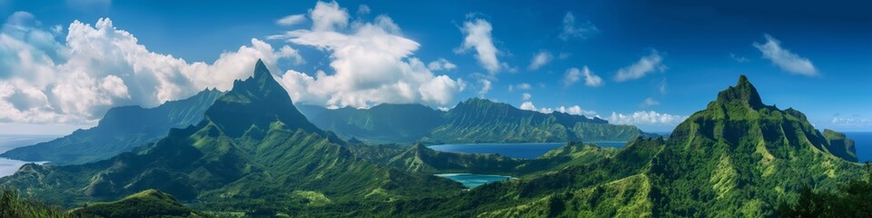 Fototapeta premium A majestic mountain landscape overlooking a tropical sea, perfect for a summer getaway.