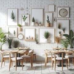 A space for restaurants cafe drinks and fast food room with poster mockup white combined with tables and chairs and plants creative unique engaging.