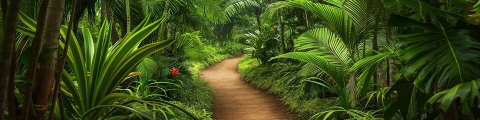A vibrant tropical forest trail with lush foliage, perfect for hiking and nature exploration.