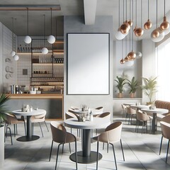 A space for restaurants cafe drinks and fast food room with poster mockup white combined with tables and chairs informative optimized professional.