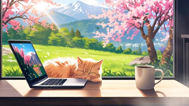 view from the window with cherry blossoms and mountains in the background, with a seamless looping virtual 4k video animation background.