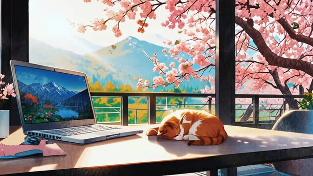 view from the window with cherry blossoms and mountains in the background, with a seamless looping virtual 4k video animation background.