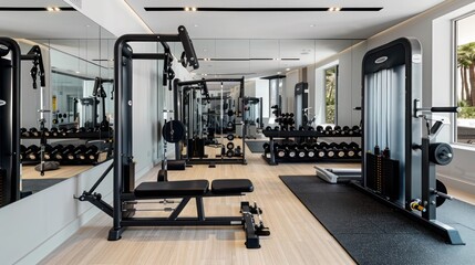 modern home gym with sleek equipment, a mirrored wall, and ample space for various workouts