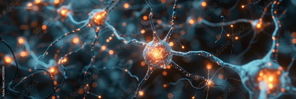 Poster neural connections with glowing nodes and fibers, brain activity and communication concept