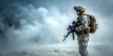 Fototapeta premium Einsamer Soldat mit Ausrüstung im Qualm und Rauch - Militärischer Kampfeinsatz