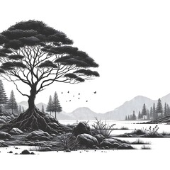 A tree design drawing graphic with a large root surrounded by rocks and mountains Illustrative optimized Illustrative.