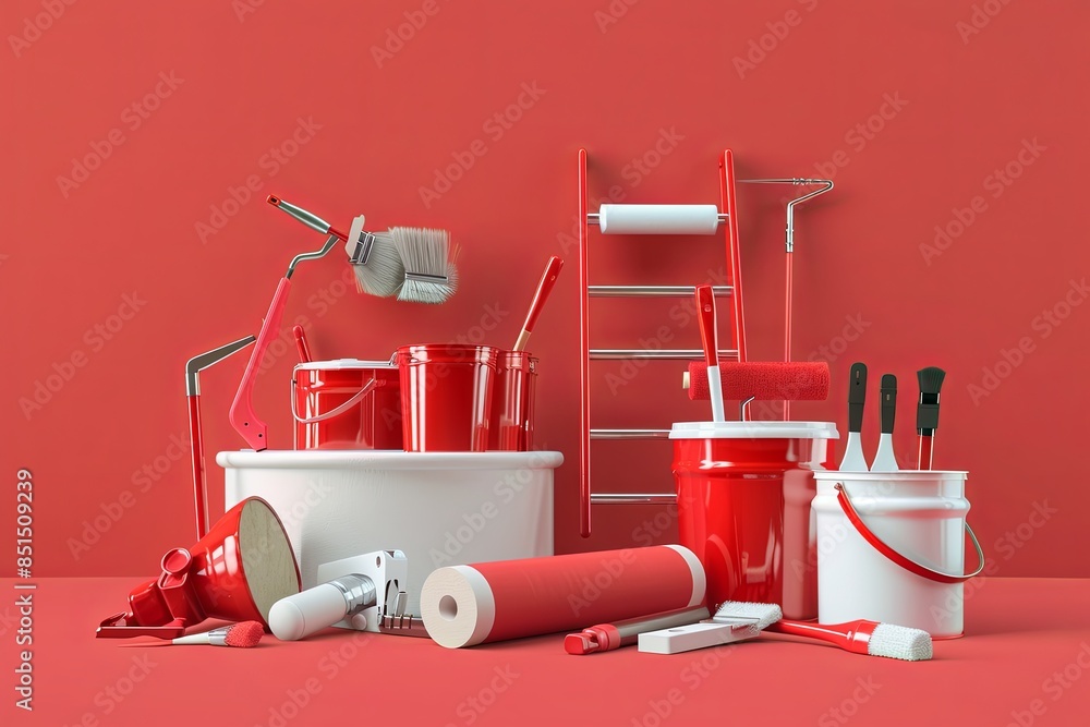 Aufkleber a 3d rendering of a professional painting set, featuring paint rollers, brushes, buckets, a ladder, 