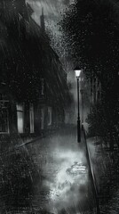 Fototapeta premium A pointillist depiction of a dark, rainy street with a single lamppost