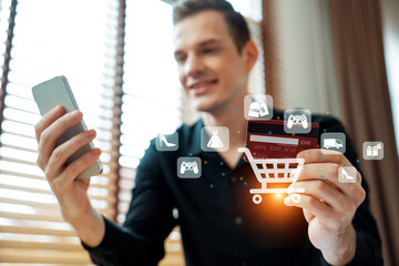 Customer open hologram graphic interface controlling device choosing online platform. Smart...