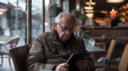Elderly man engrossed in reading digital books on his e-reader at a coffee shop
