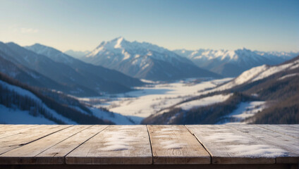 Empty wooden table top and snow covered mountain in back, beautiful shelf top for displaying product and montage.