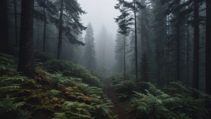 Obraz premium Misty forest landscape in the morning, jungle filled with trees and tropical plants, isolated woods