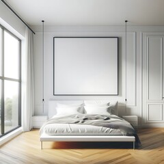 A white bedroom style interior set design have mockup poster empty white with a large window creative Vibrant creative unique optimized.