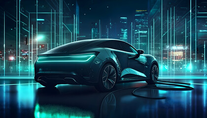 Fototapeta premium Black futuristic car plugs into a charging station in a futuristic city electric car charging at a modern station, Electric vehicle refuels at a futuristic charging pod, cityscape in the background