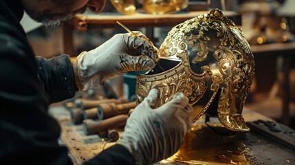 Fototapeta premium Artisan meticulously crafting an ornate golden helmet in a workshop, showcasing fine details and craftsmanship in a historical setting.