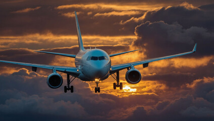 Sunset flight, Commercial plane through dramatic clouds.