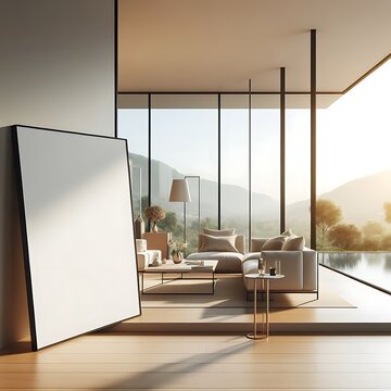 Modern commercial building interior with A large blank white screen frame leaning against a wall in A living room with a mockup poster empty white and unique highquality.