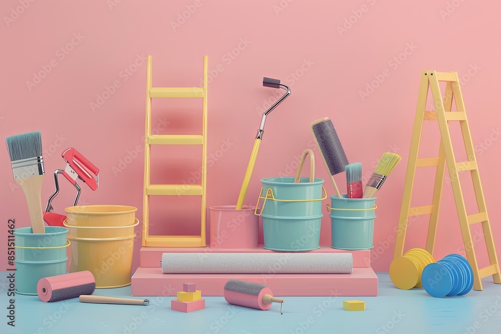Aufkleber vibrant still life of painting tools like rollers and brushes on light background, perfect for diy p