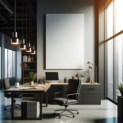 A work office room There is an poster empty white with a desk and chair and a large poster on the wall highquality unique informative highquality optimized.