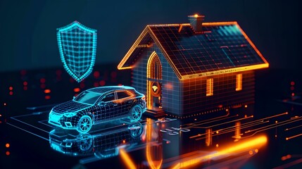 Glowing digital shield protecting house car insurance