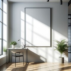 A white room with a desk and A chair and poster mockup creative informative creative engaging unique.